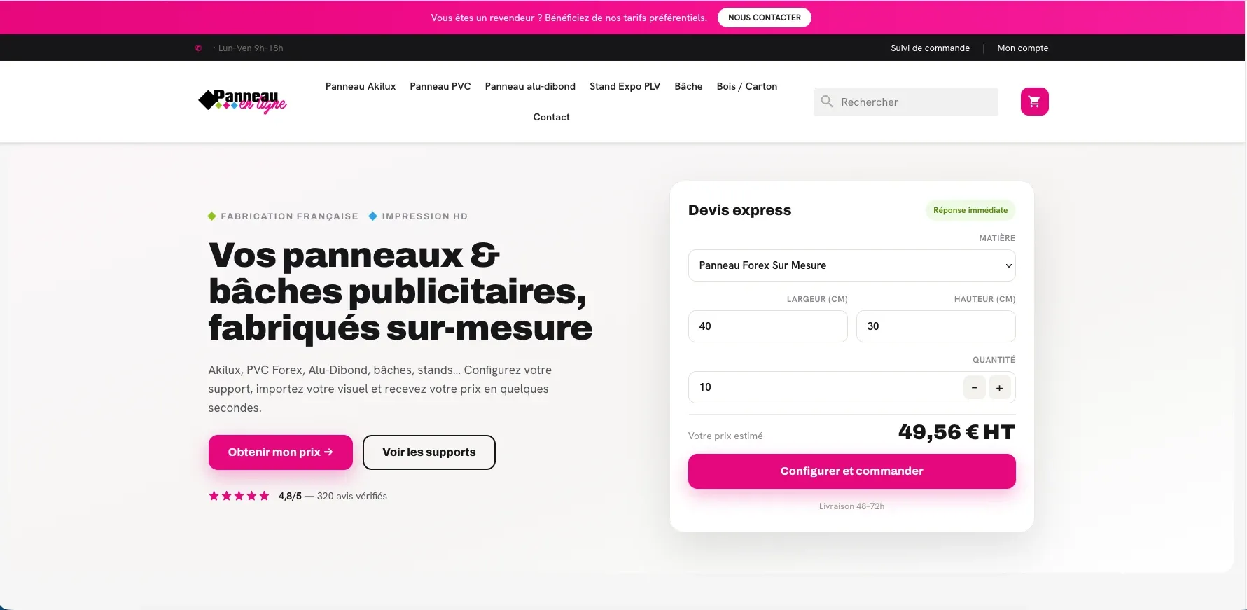 Page d'accueil de Panneau en Ligne avec son module de devis express